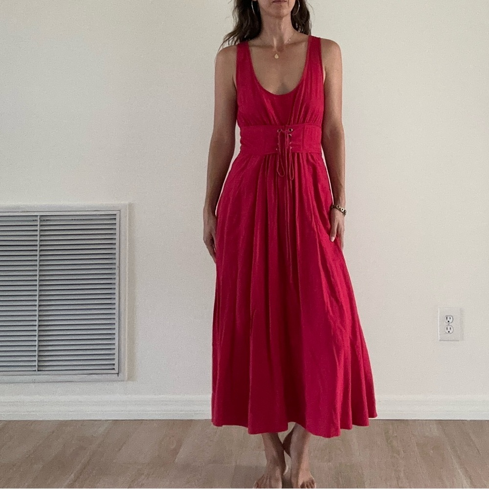 Plenty by Tracy Reese Red Corseted Tie Front Midi Dress
